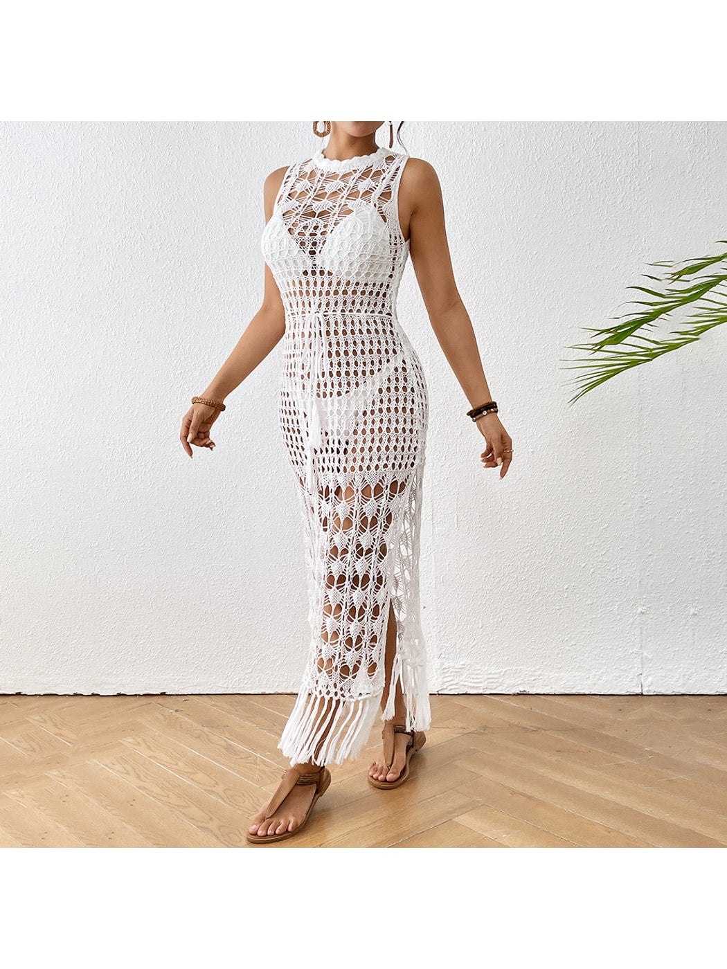 Crosa - Openwork Fringe Hem Floral Beach Dress