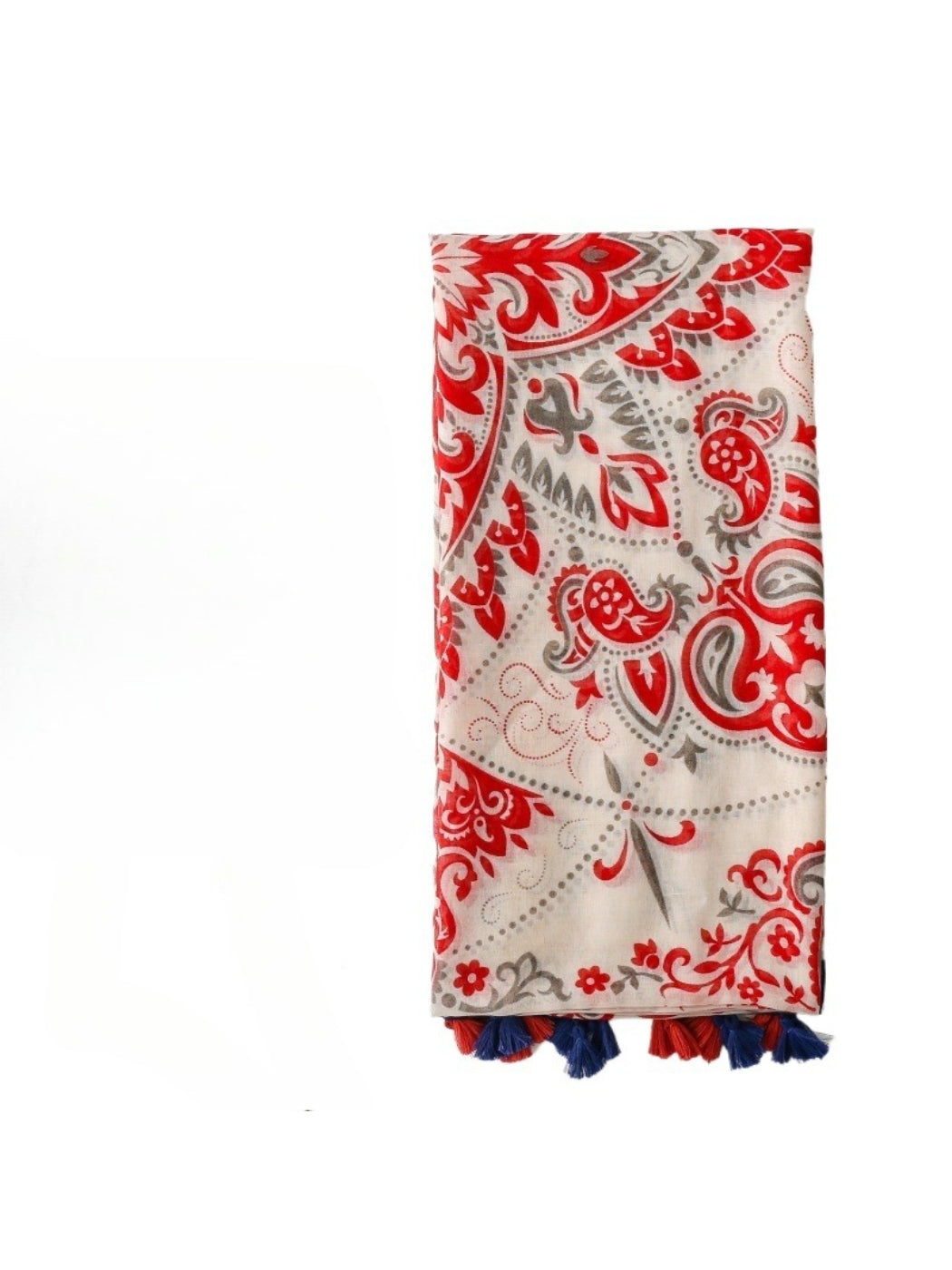 Close-up of Scarvii scarf fabric showing detailed boho design and red border