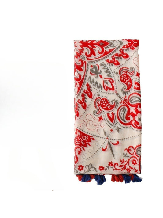 Close-up of Scarvii scarf fabric showing detailed boho design and red border