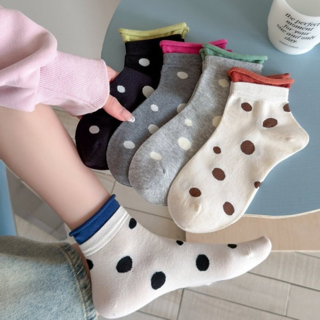 Model wearing Rufia Soft Spot Pattern Crew Socks with casual shoes and rolled-up pants