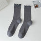 Stacked Rufia soft ribbed ruffle crew socks in beige color