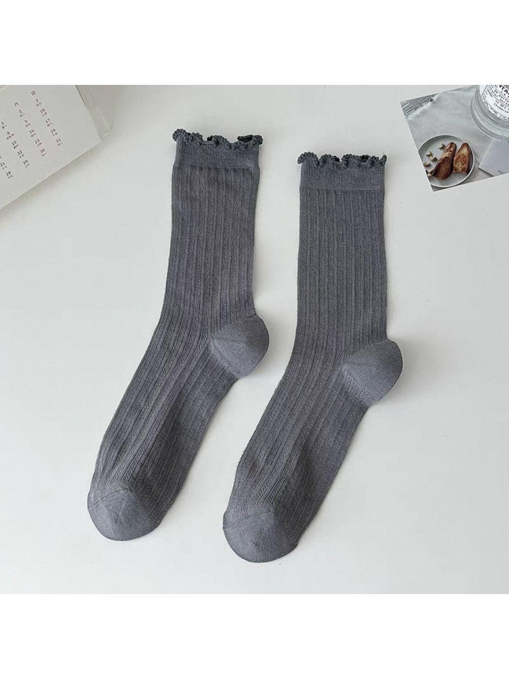 Stacked Rufia soft ribbed ruffle crew socks in beige color
