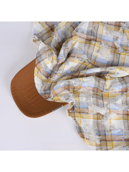 Haila - Distressed Plaid Curved Brim Headscarf Cap