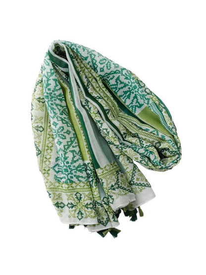 Scarvii - Green Geometric Patchwork Tassel Wrap Scarf