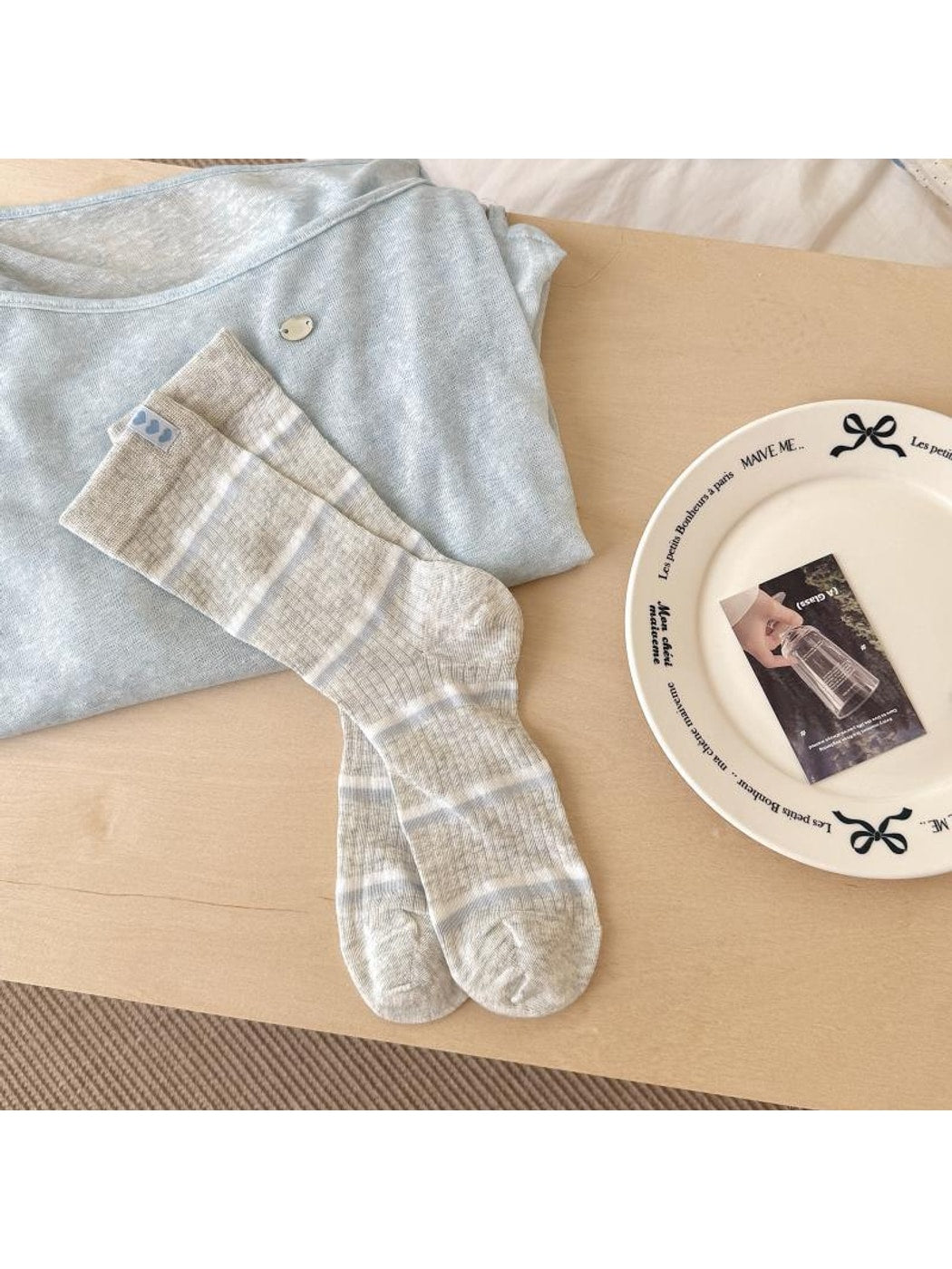 Rufia - Elegant Bow Ruffle Ribbed Crew Socks