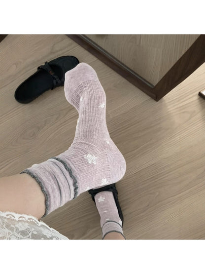 Rufia - Print Ribbed Ruffle Trim Crew Socks