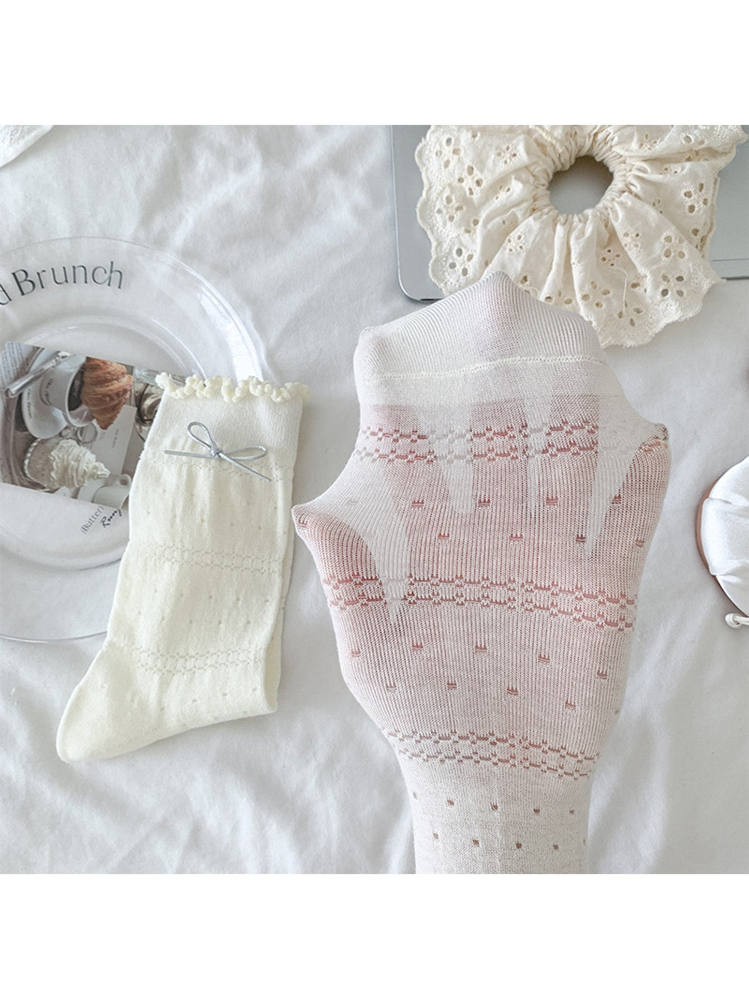Rufia - Ruffle Cuffs Bow Detail Solid Color Crew Socks