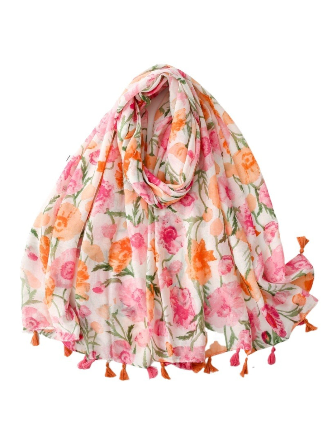 Scarvii Watercolour Bloom Tassel Scarf folded showing floral watercolor pattern and tassel edges