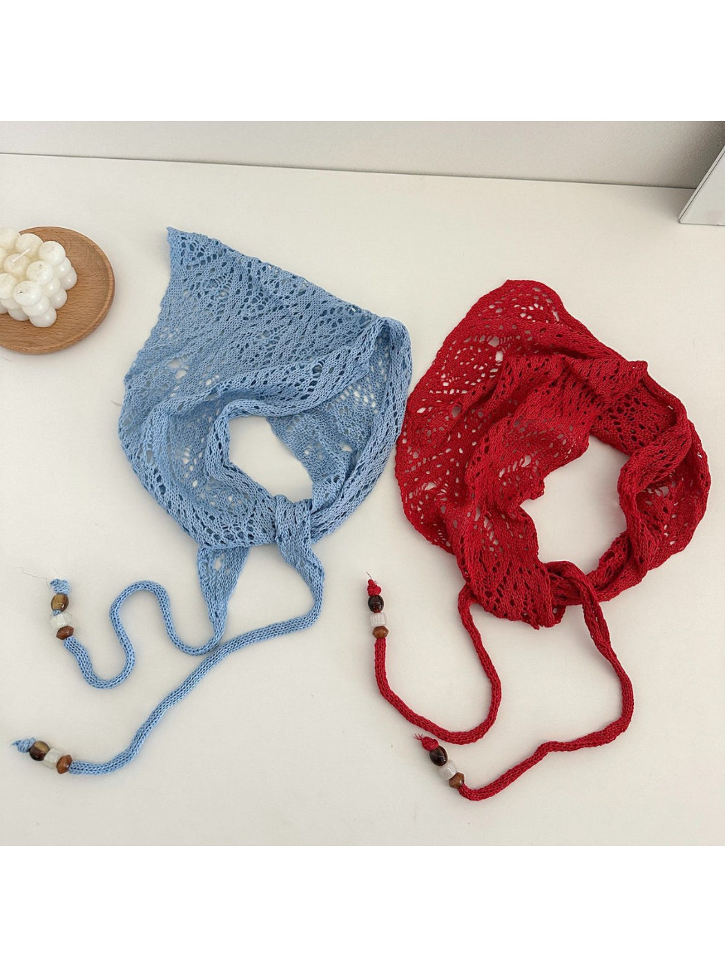 Scarvii - Lace Knit Triangle Scarf with Beaded Ties
