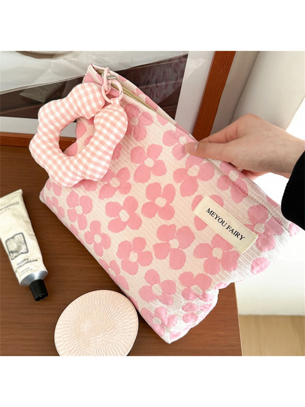Cosbai floral cosmetic pouch displayed on white background partially open