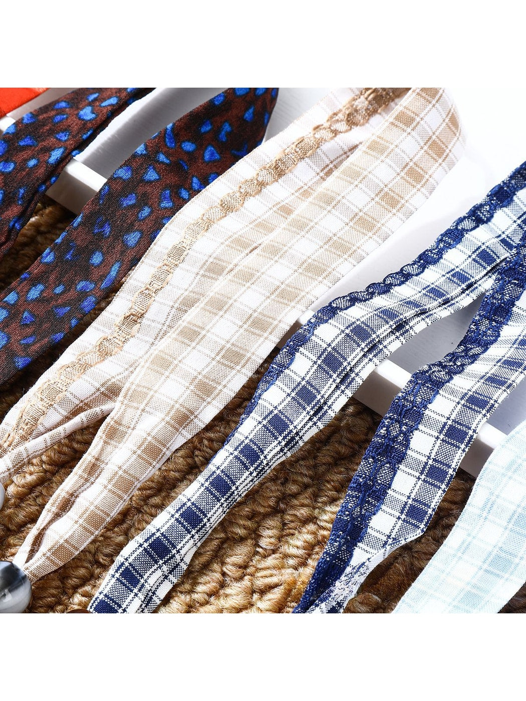 Scarvii - Retro Plaid Print Beaded Narrow Scarf
