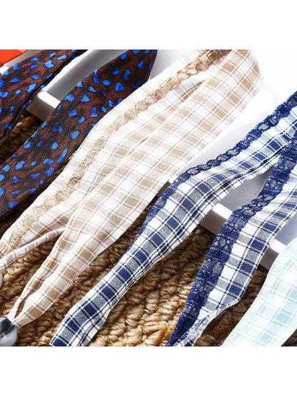 Scarvii - Retro Plaid Print Beaded Narrow Scarf