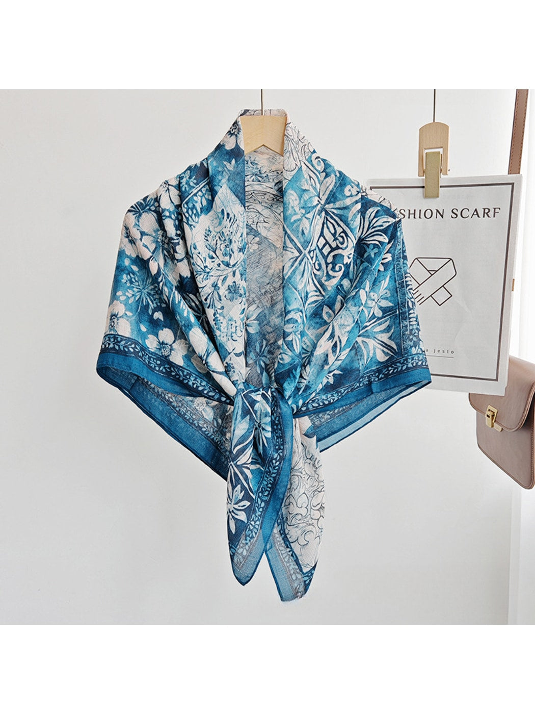 Scarvii - Blue Patchwork Floral Print Square Scarf