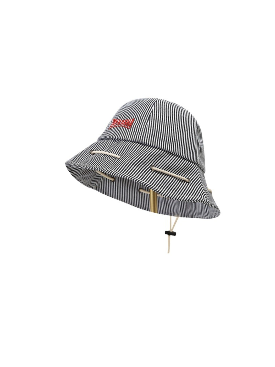 Side view of Haila striped bucket hat showing drawstring detail