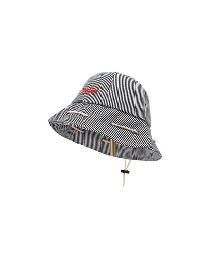 Side view of Haila striped bucket hat showing drawstring detail
