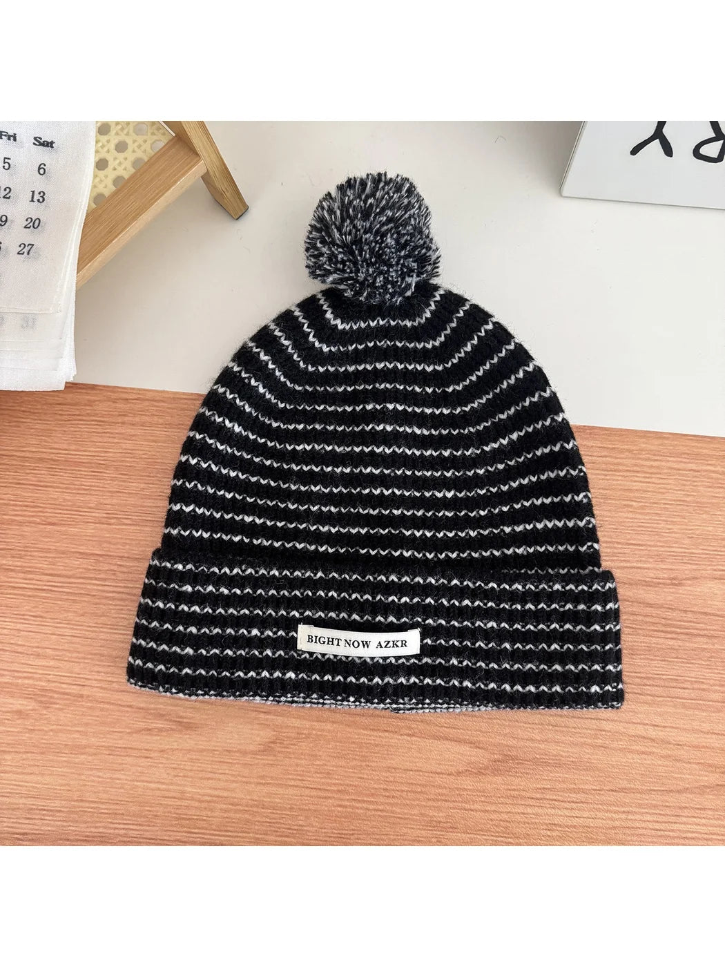 Haila - Wavy Stripe Fuzzy Folded Cuff Pom-Pom Beanie