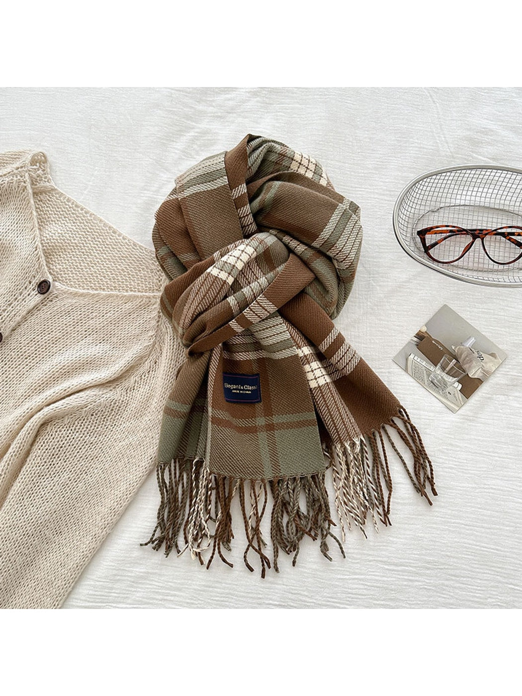 Scarvii - Mixed-Scale Plaid Fringed Scarf