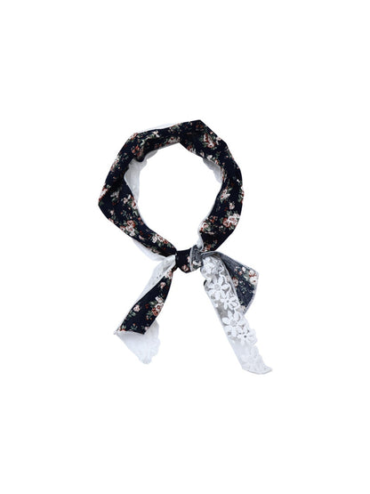 Scarvii - Floral Print Lace Trim Narrow Scarf