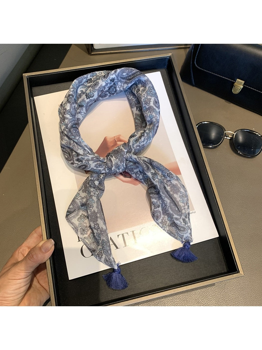 Scarvii - Paisley Print Tassel Accent Square Scarf