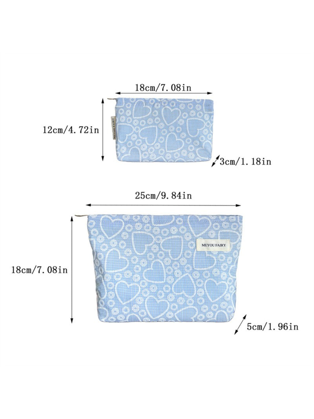 Cosbai makeup bag with pink hearts on white background, shown from top angle