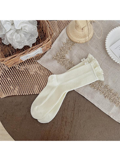 Rufia - Beaded Decorate Solid Color Crew Socks
