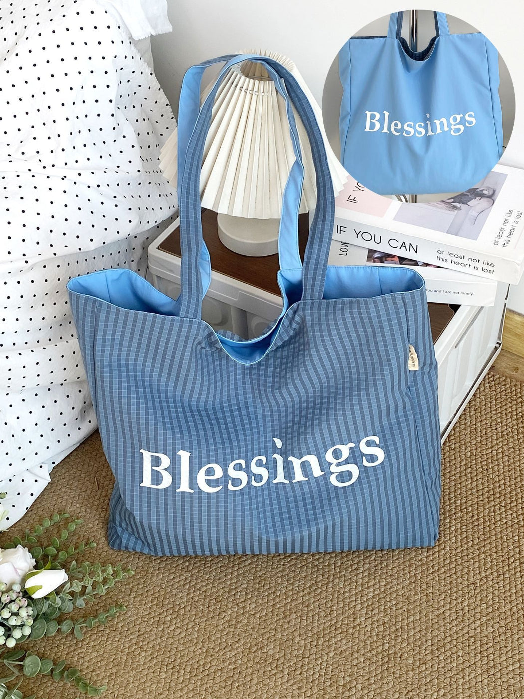 Top view of Cosbai reversible tote bag handles and opening