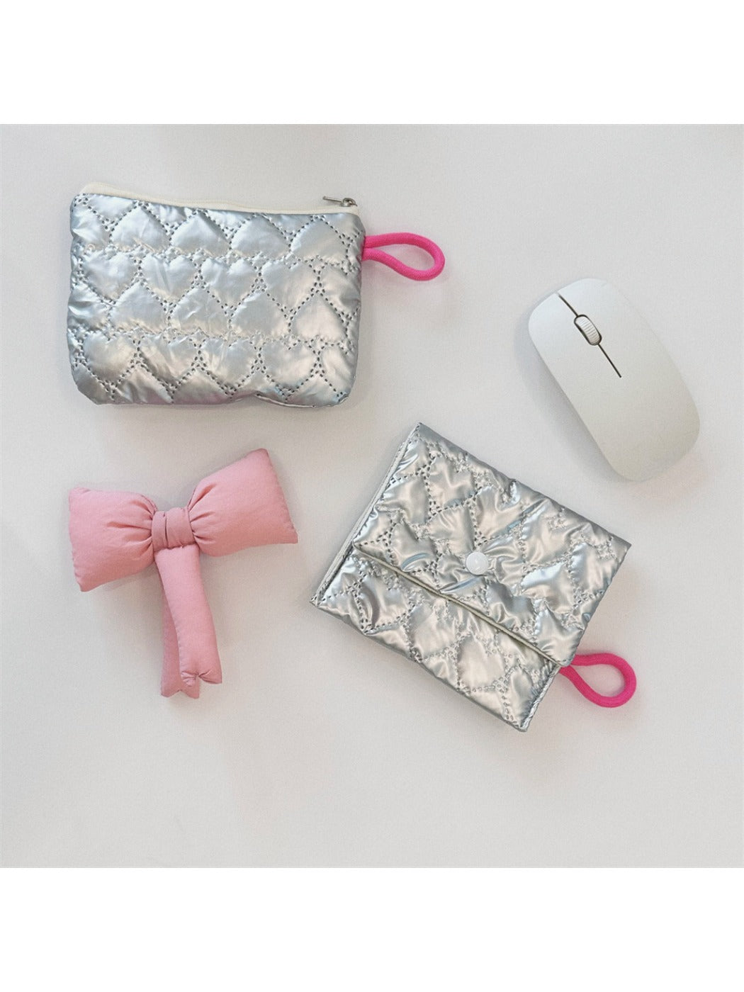 Cosbai - Silver & Pink Coin Purse with Heart Pattern