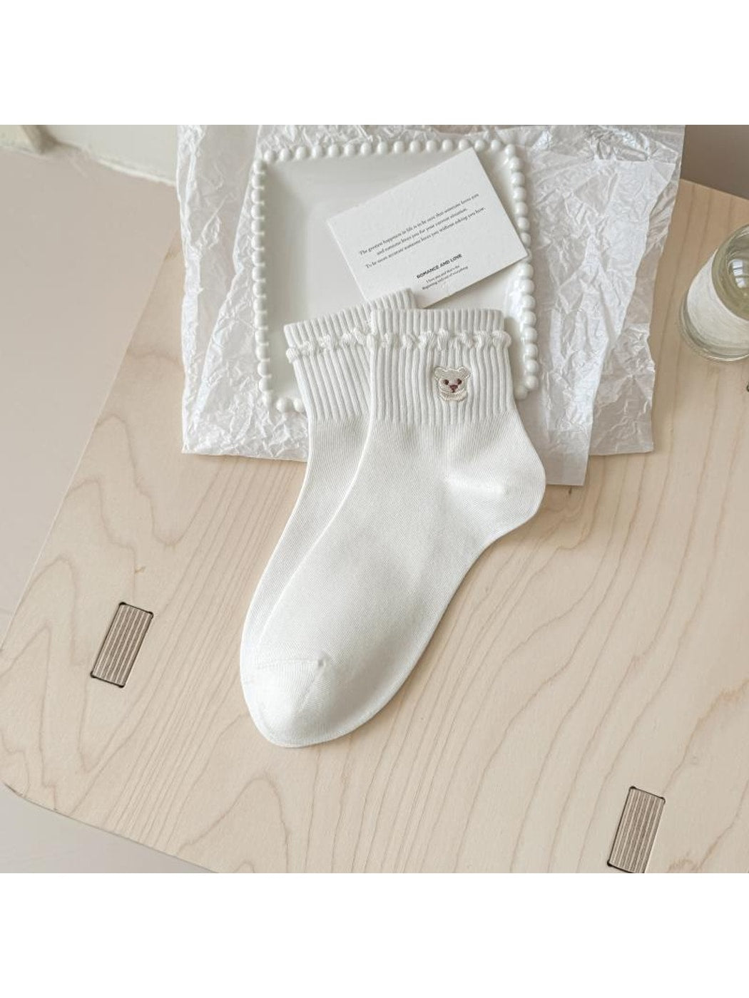 Rufia - Bear Embroidery Ribbed Ankle Socks