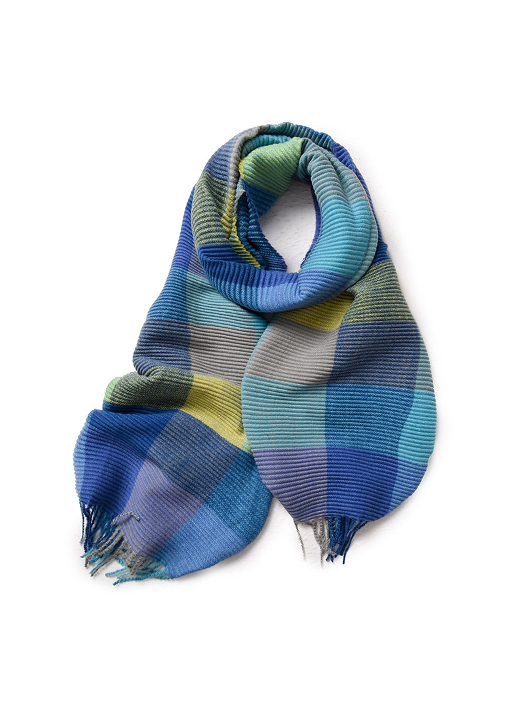 Scarvii - Ribbed Colorblock Plaid Fringed Scarf
