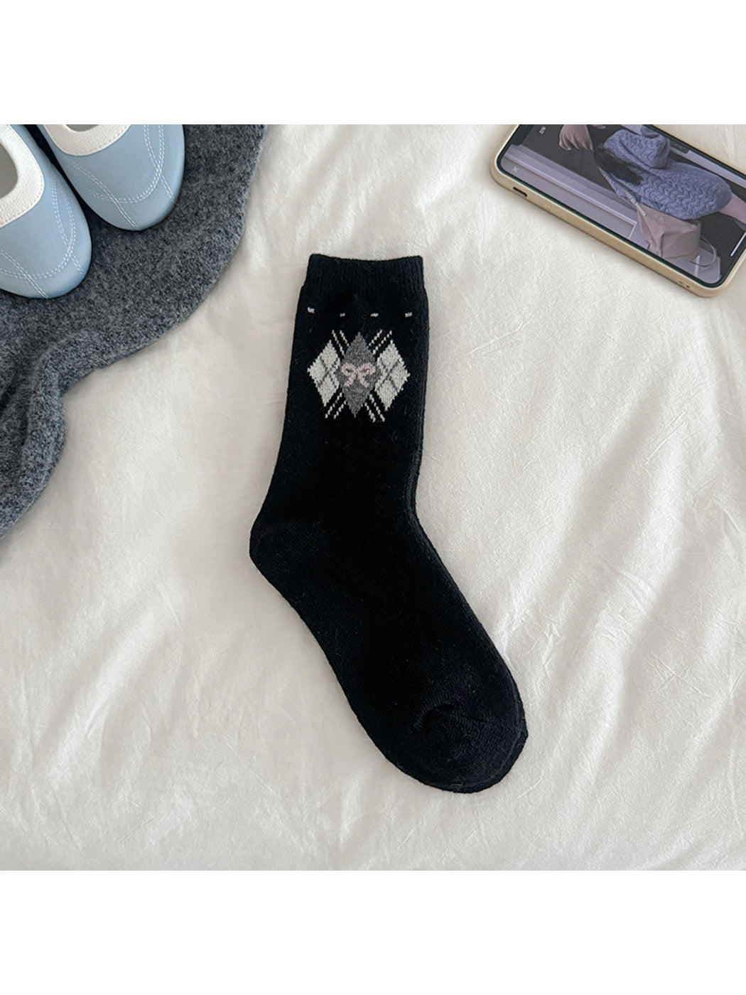 Rufia - Preppy Argyle Bow Pattern Crew Socks