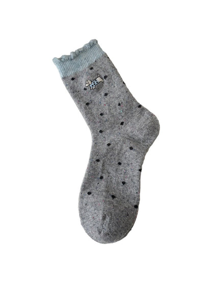 Rufia - Cute Puppy Embroidered Dot Crew Socks