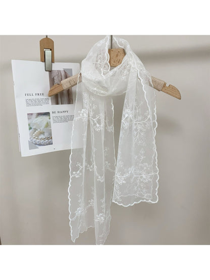 Scarvii - Floral Embroidered Solid Lace Long Scarf