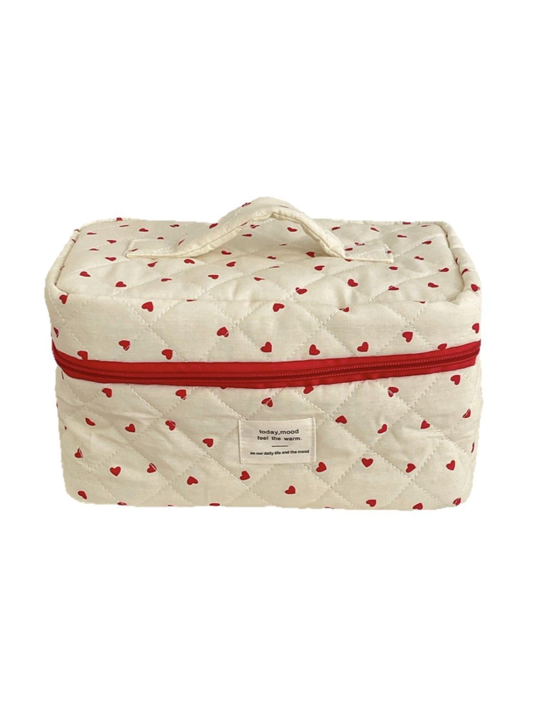 Cosbai cosmetic organizer bag displayed standing upright with heart pattern and handle