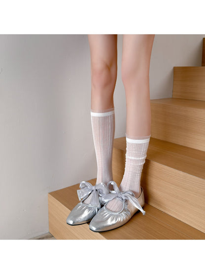 Rufia - Sheer Ribbed Crew Socks with Ruffled Cuff