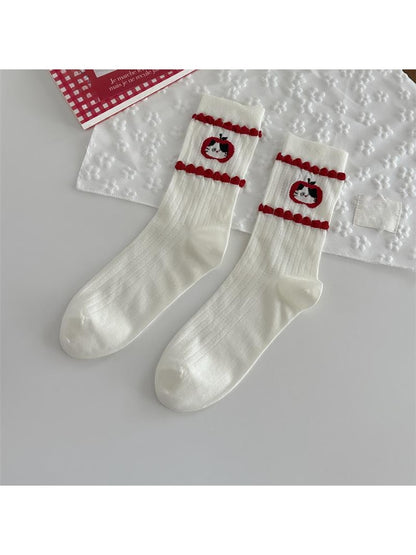 Rufia - Playful Cat Embroidered Ribbed Crew Socks
