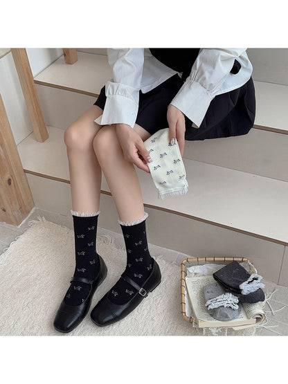 Rufia - Minimal Dog Pattern Ruffle Cuff Crew Socks