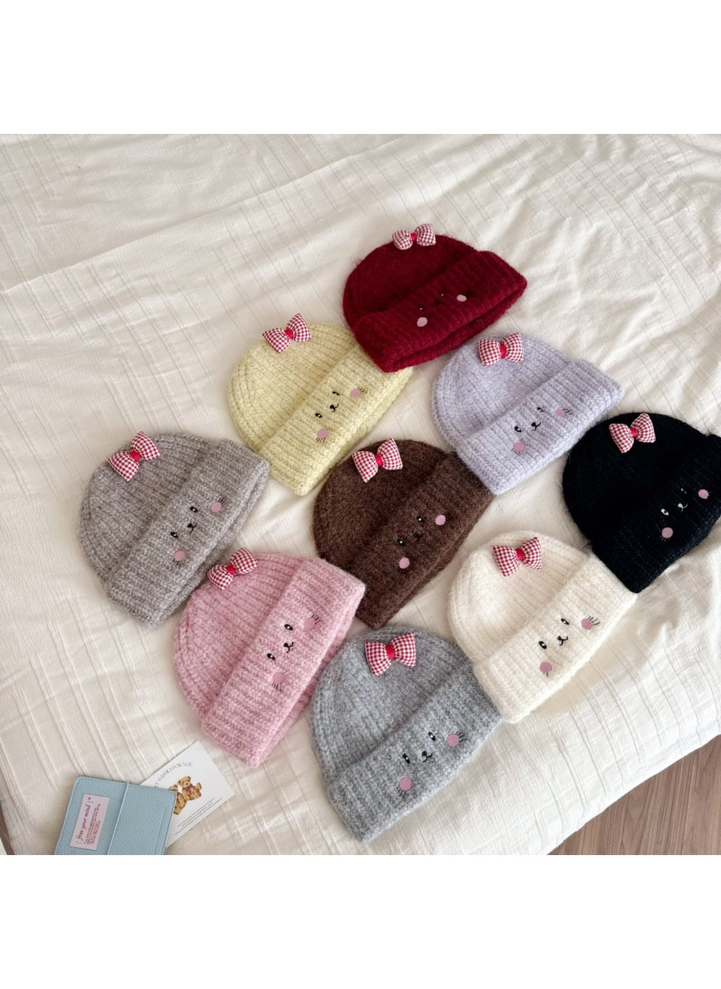 Haila - Cat Face Knit Beanie with Gingham Bow
