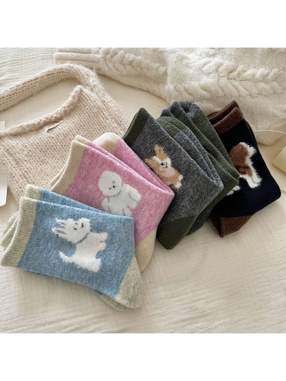 Rufia - Playful Dog Motif Colorblock Crew Socks