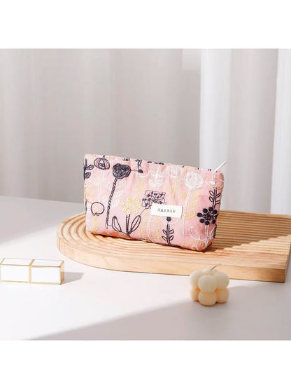 Cosbai - Floral Embroidered Zippered Makeup Bag