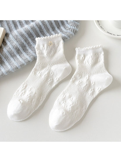 Side view of Rufia Sweet Floral Knit Crew Socks showing ribbed cuff