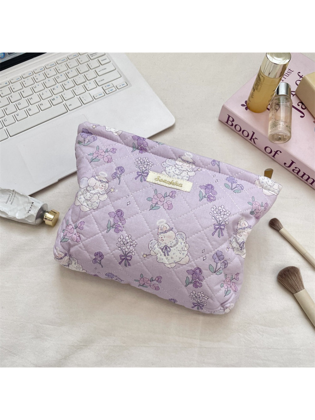 Cosbai - Quilted Bear Print Cosmetic Bag