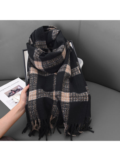 Scarvii - Double-Sided Bold Grid Plaid Fringed Scarf
