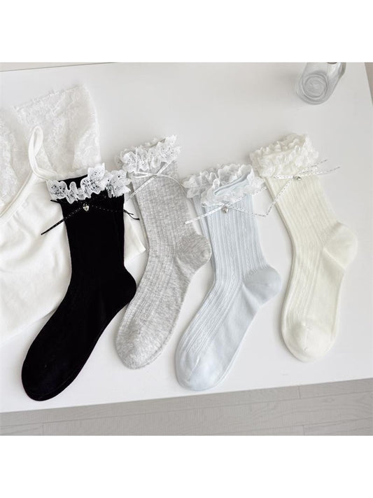Rufia - Lace Ruffles Trim Bow Detail Crew Socks