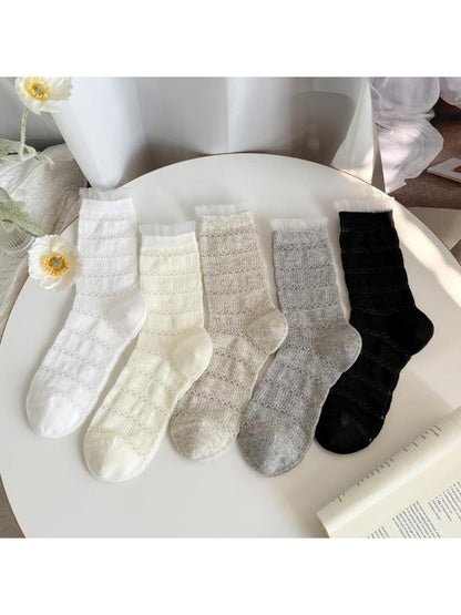 Rufia - Lace Cuffs Wave Texture Pattern Crew Socks
