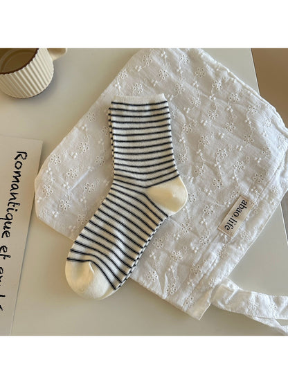 Rufia Classic Thin Stripe Crew Socks worn on feet showing stripe pattern