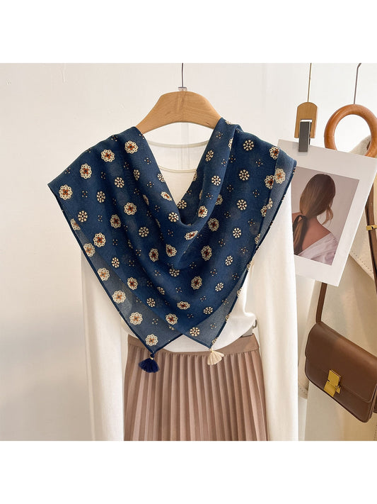 Scarvii - Geometric Flower Print Tassel Square Scarf