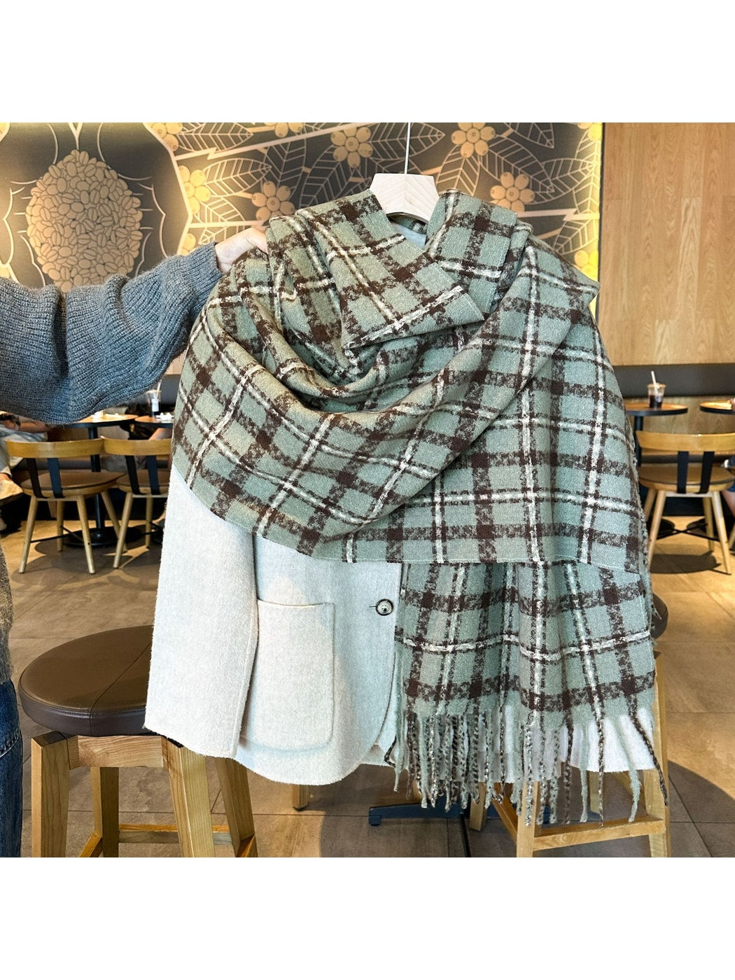 Scarvii - Textured Grid Plaid Fringed Winter Scarf