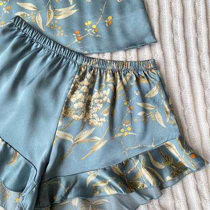 Cherry Blossom Pattern Faux Silk Pajama (2-Piece) showing cherry blossom print