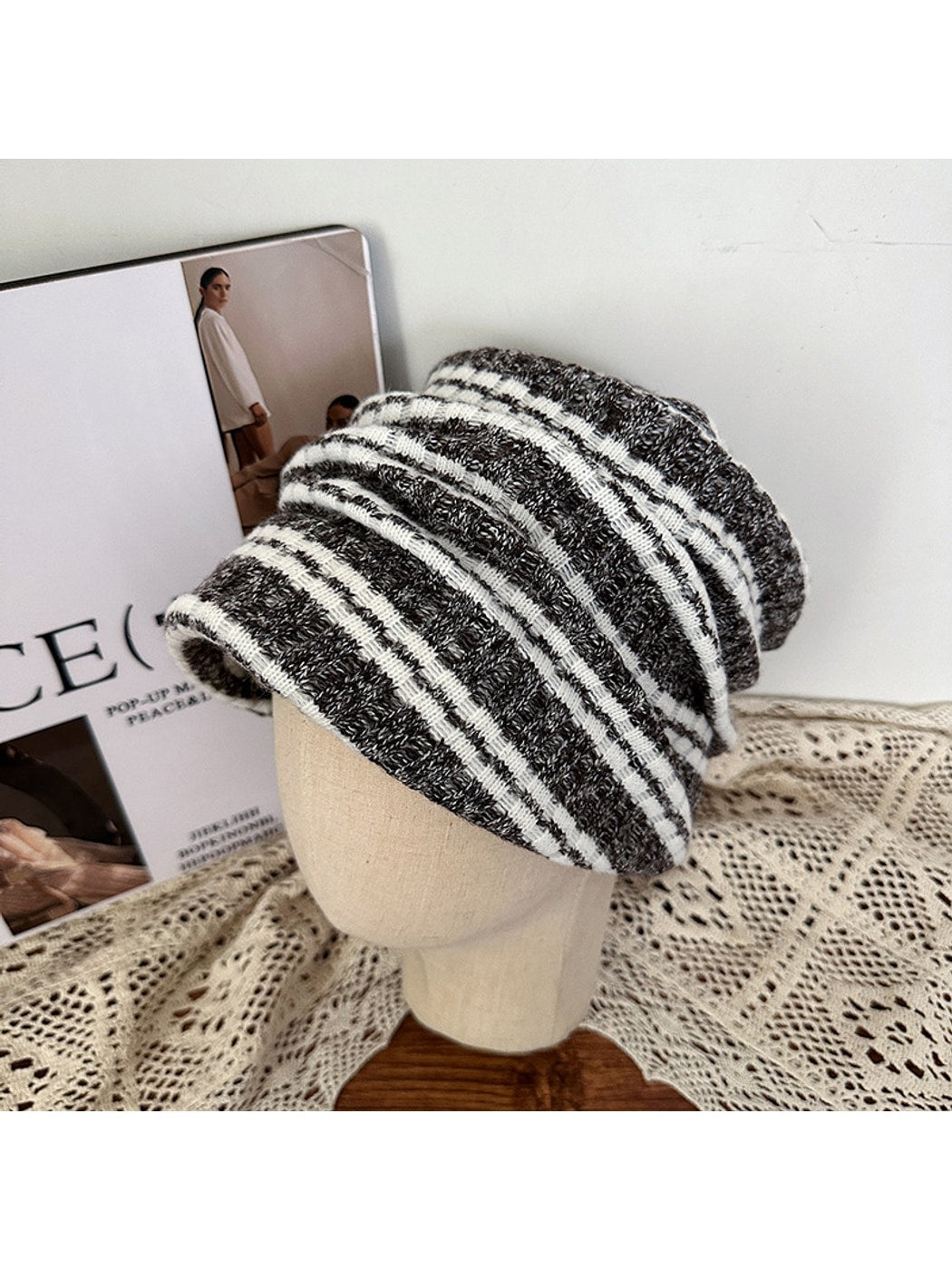 Haila - Women's Flat Crown Striped Knit Beanie