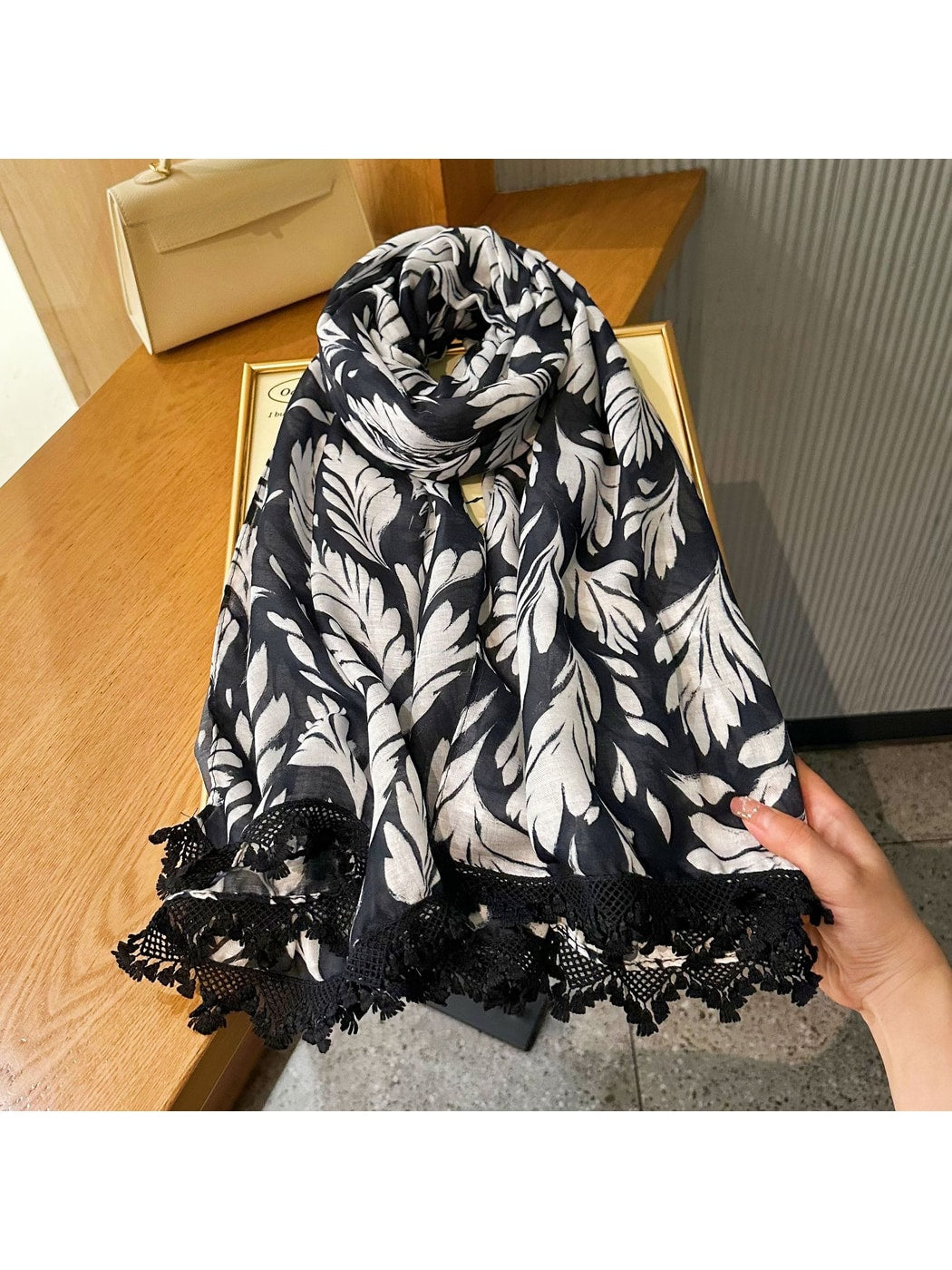 Scarvii - Leaf Print Lace Trim Lightweight Wrap Scarf
